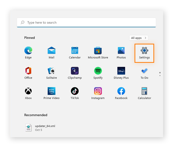 Abrir la Configuración desde el menú Inicio de Windows 11