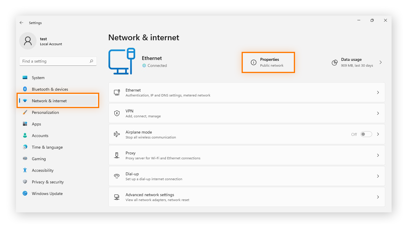 Buscar las propiedades de Red e Internet en Windows