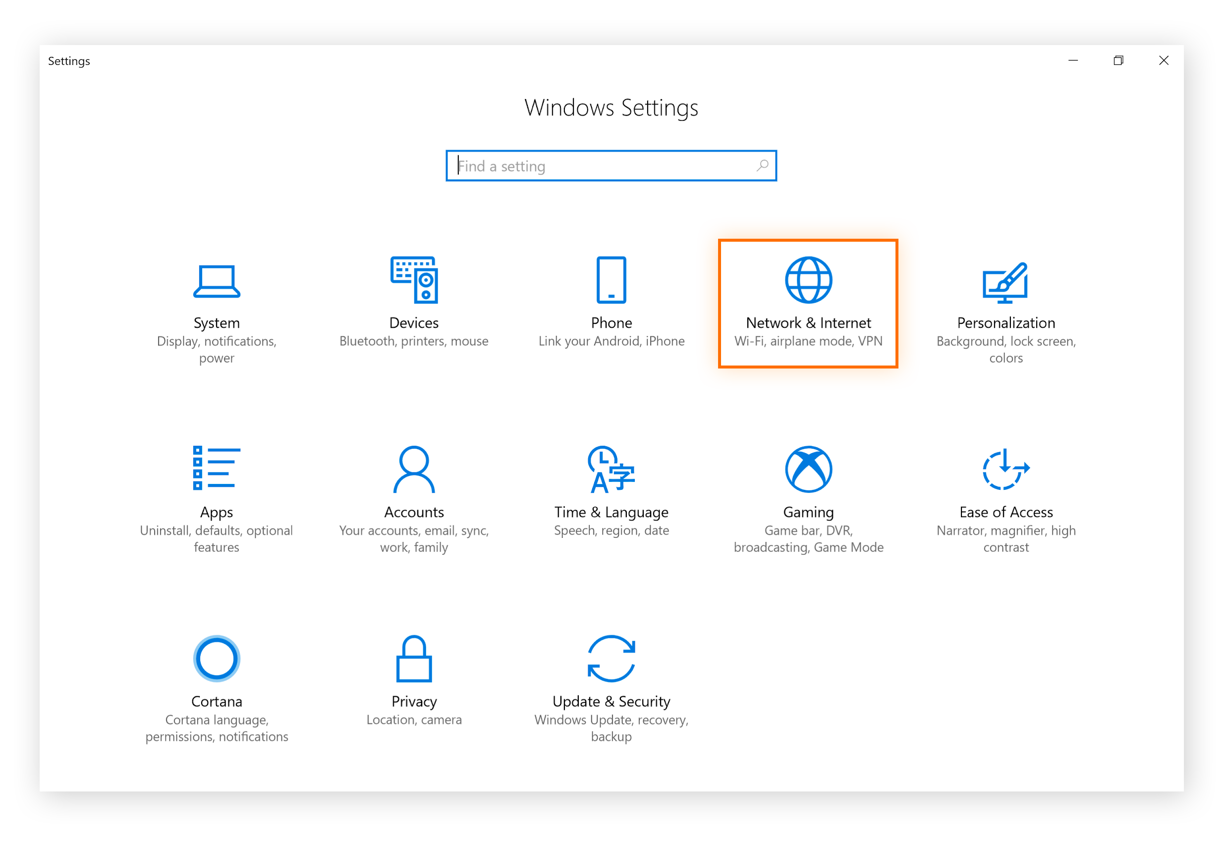 En la pantalla Configuración de Windows 10, haga clic en el icono de Red e Internet para ver su dirección IP local