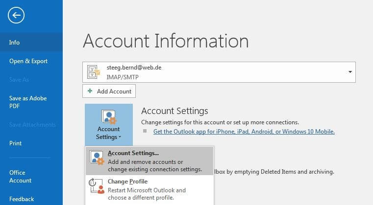 Información de cuenta en Outlook 2016